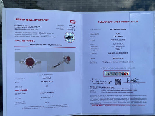 2.00 ct Pigeon Blood Red Ruby & Diamond Ring – 18K White Gold, Untreated, GFCO Certified