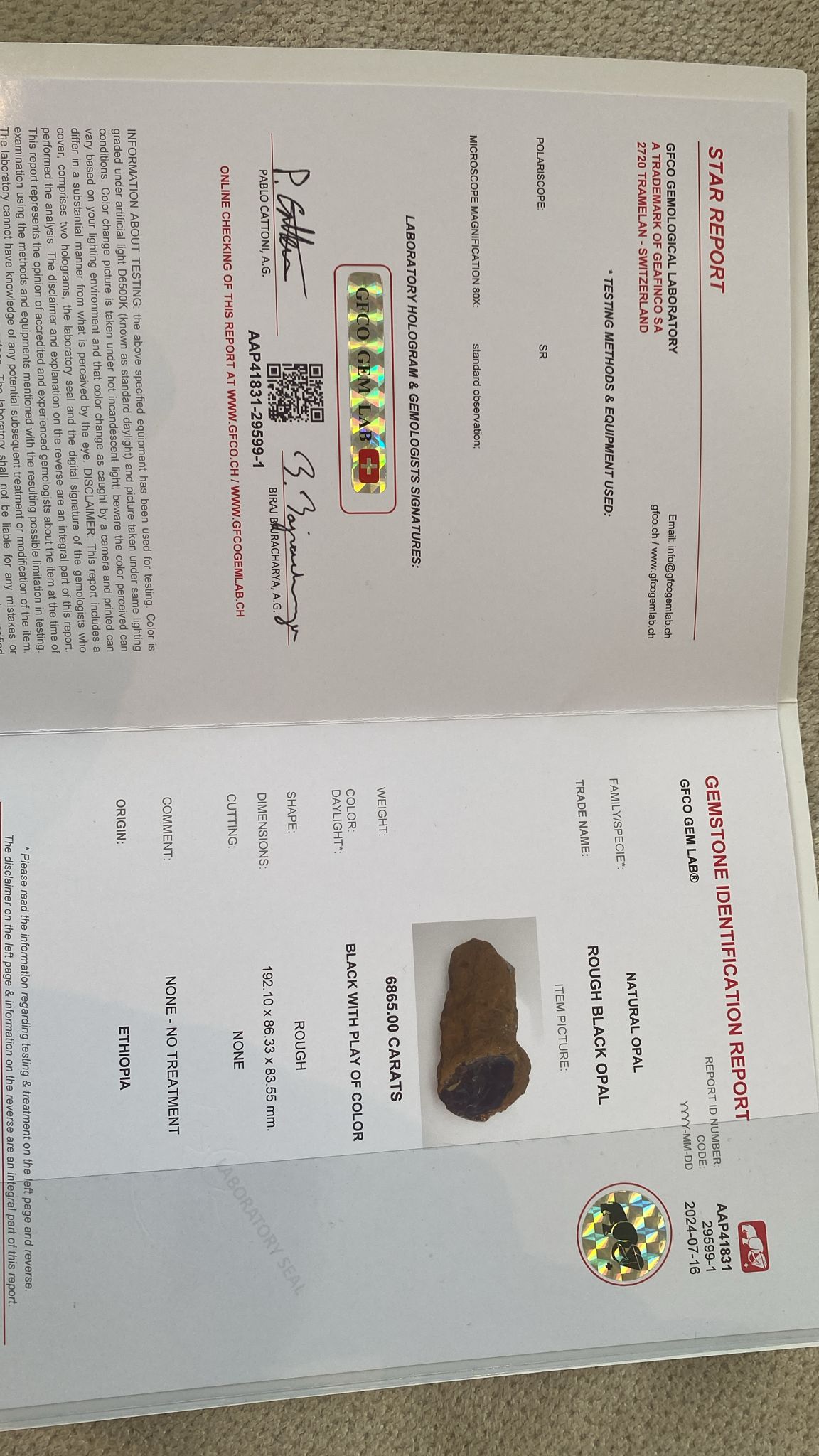 6855.00 ct Natural Rough Black Opal – Untreated, Ethiopia Origin, GFCO Certified
