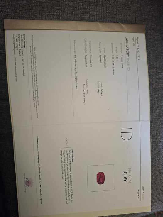 3.08 ct Natural Mozambique Ruby – Oval Cushion Cut, Untreated, Lotus Gold Certified