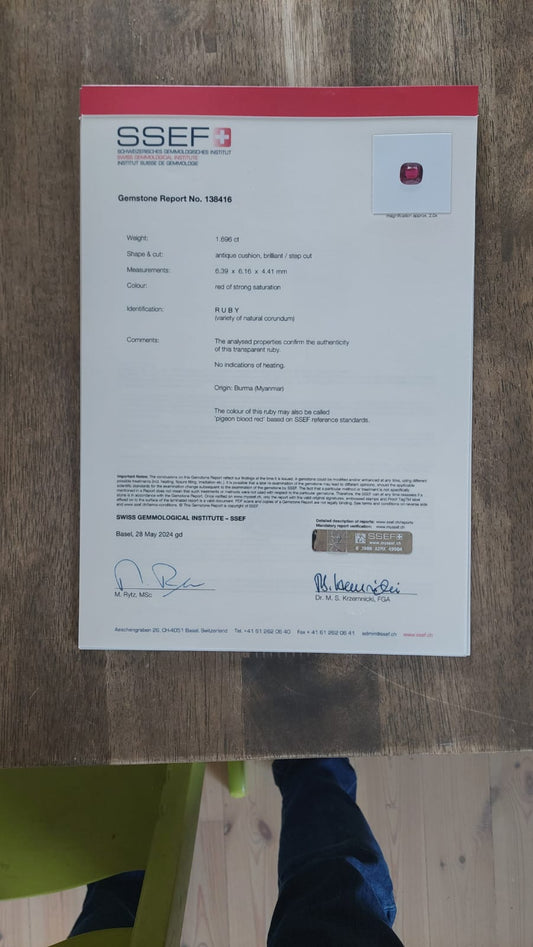 1.69 ct Natural Burmese Ruby – “Pigeon Blood Red”, Antique Cushion Brilliant/Step Cut, Untreated, SSEF Certified