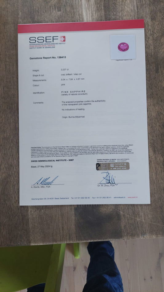 3.23 ct Natural Burmese Pink Sapphire – Untreated, Oval Brilliant/Step Cut, SSEF Certified