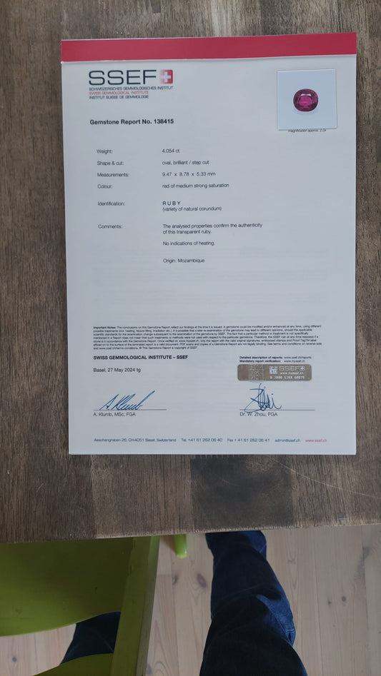 4.05 ct Natural Mozambique Ruby – Oval Brilliant/Step Cut, Untreated, SSEF Certified