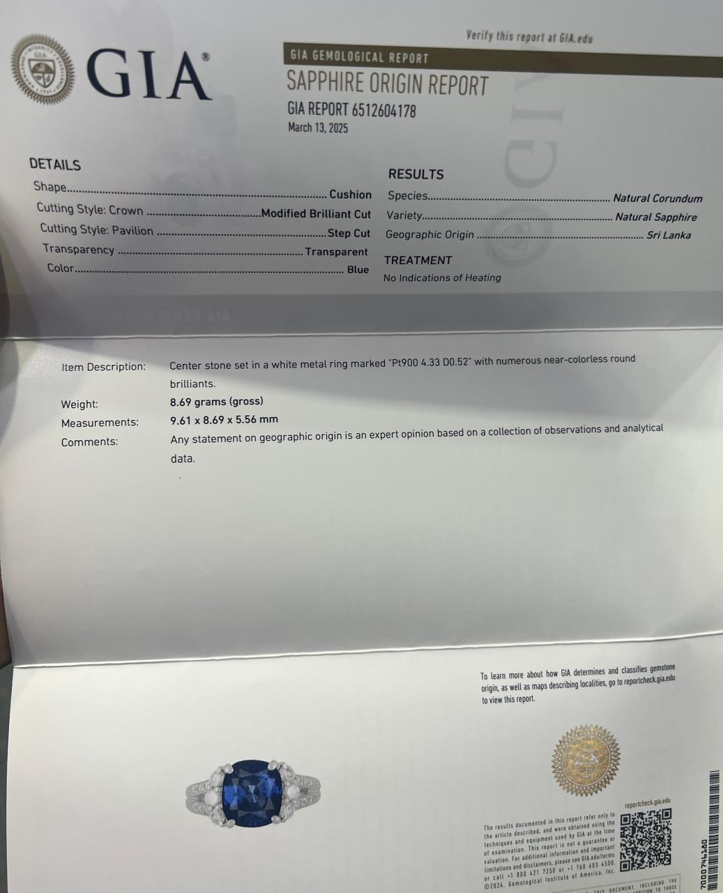 GIA Certified 4.3ct Unheated Ceylon Sapphire Ring