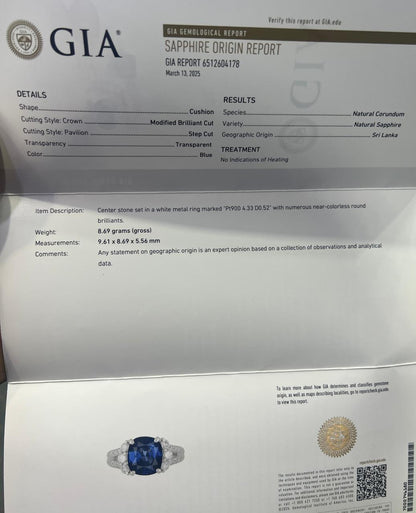 GIA Certified 4.3ct Unheated Ceylon Sapphire Ring