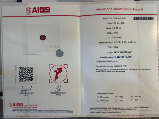 3.01 ct Natural Mozambique Ruby – Oval Cut, Untreated, AIGS Certified